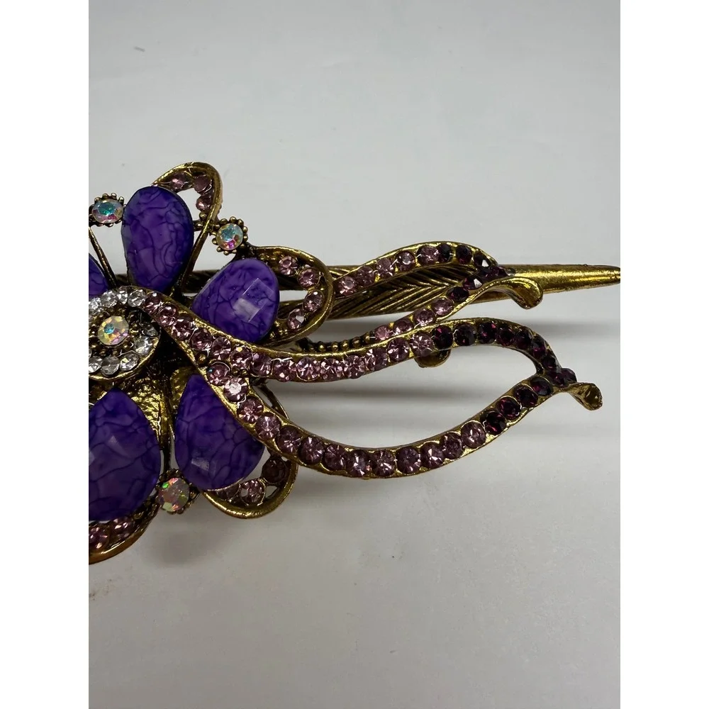 Vintage Style Purple Floral Hair Clip Gold Tone Rhinestone Crystal Barrette